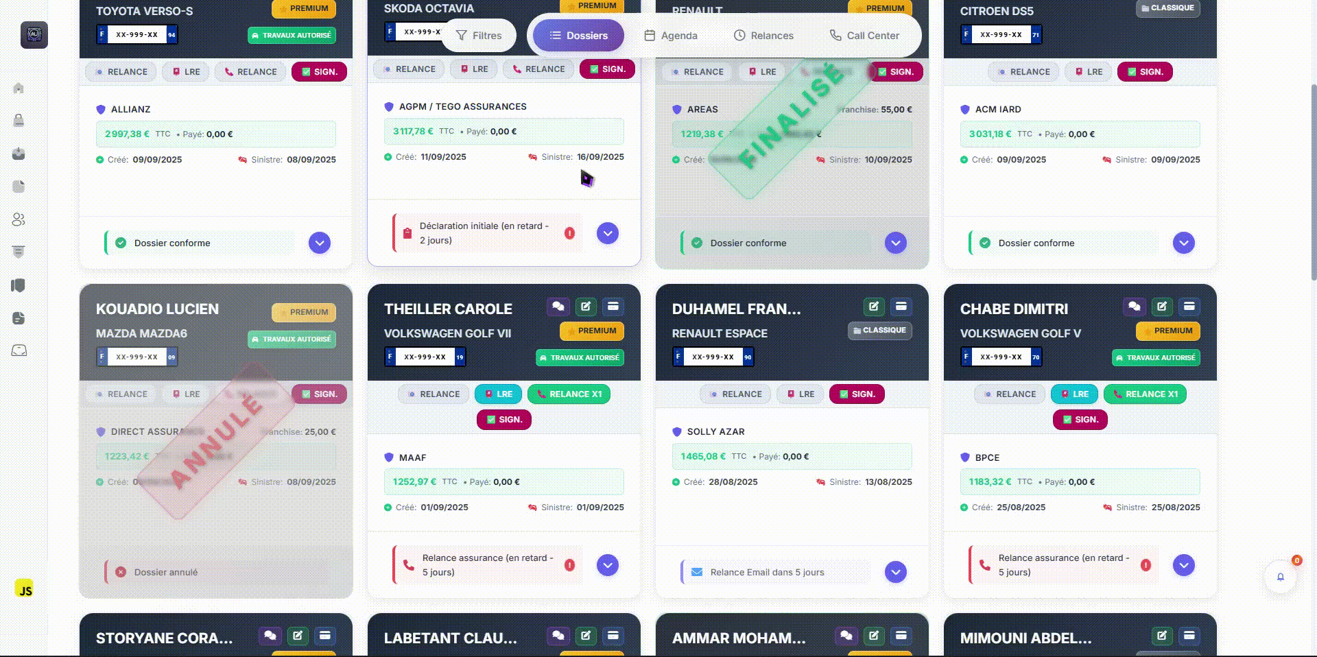 Démonstration logiciel bris de glace - Dashboard de suivi des dossiers - Interface Onify Glass